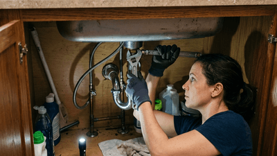 Person fixing a kitchen faucet with basic plumbing tools