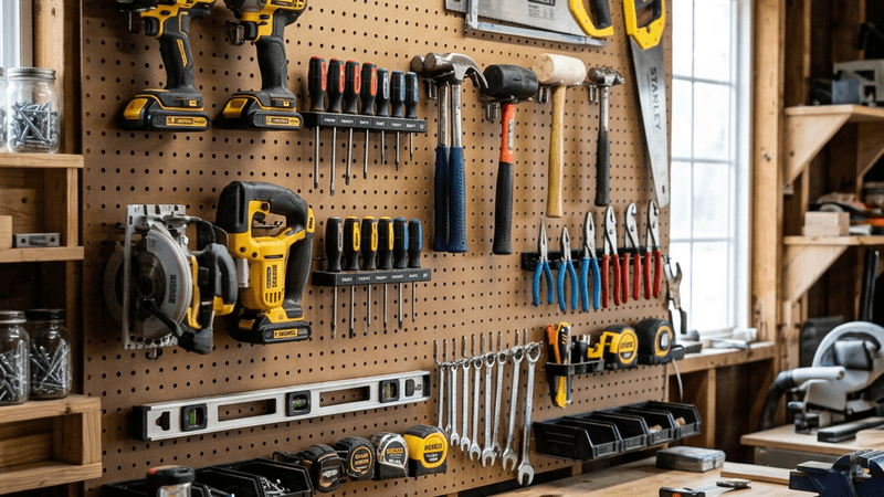 Organized workshop wall with various hand and power tools